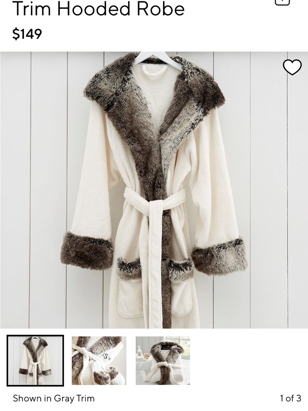 Pottery Barn Cream Hooded Robe with Gray Faux-Fur Trim